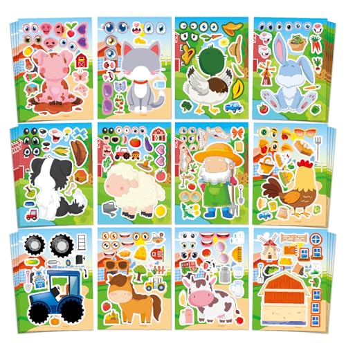 Aowplc 48 Sheets Farm Animal MakeaFace Stickers for Kids Toddlers 12 Unique MixandMatch Designs Farm Party Favors Birthday Supplies Activities Crafts - Image 1