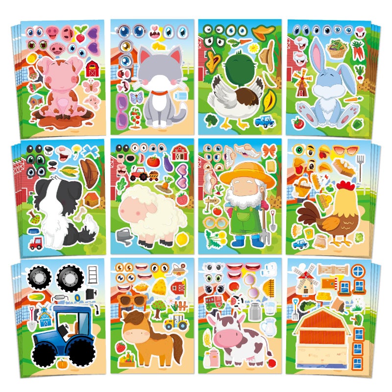 Aowplc 48 Sheets Farm Animal MakeaFace Stickers for Kids Toddlers 12 Unique MixandMatch Designs Farm Party Favors Birthday Supplies Activities Crafts - Image 2