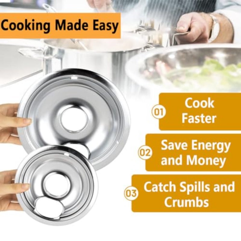 Kitchen gas stove drip pans set for burner replacement, thickened chrome-plated steel, silver, heat-resistant and easy to clean, includes two 6-inch and two 8-inch pans - Image 2