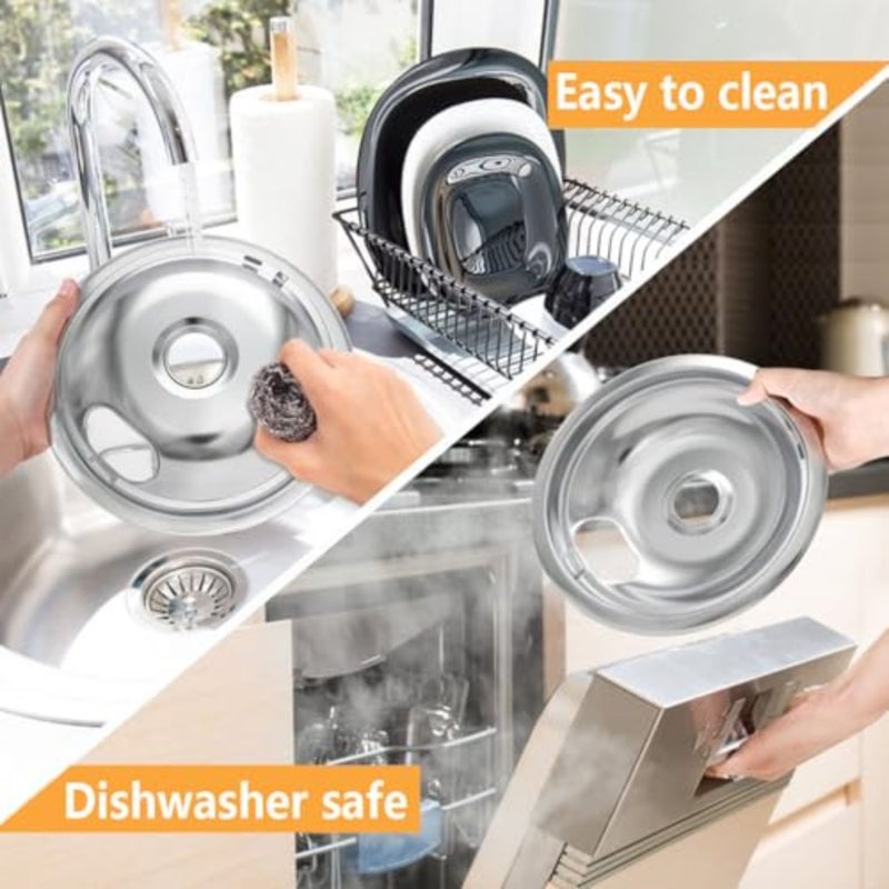 Kitchen gas stove drip pans set for burner replacement, thickened chrome-plated steel, silver, heat-resistant and easy to clean, includes two 6-inch and two 8-inch pans - Image 5