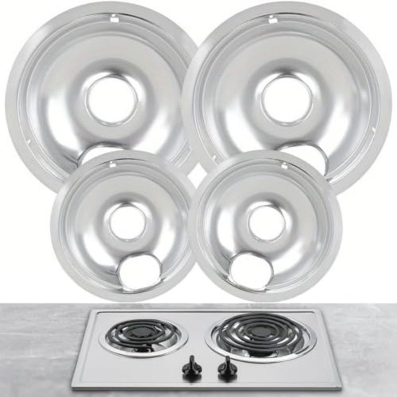 Kitchen gas stove drip pans set for burner replacement, thickened chrome-plated steel, silver, heat-resistant and easy to clean, includes two 6-inch and two 8-inch pans - Image 1
