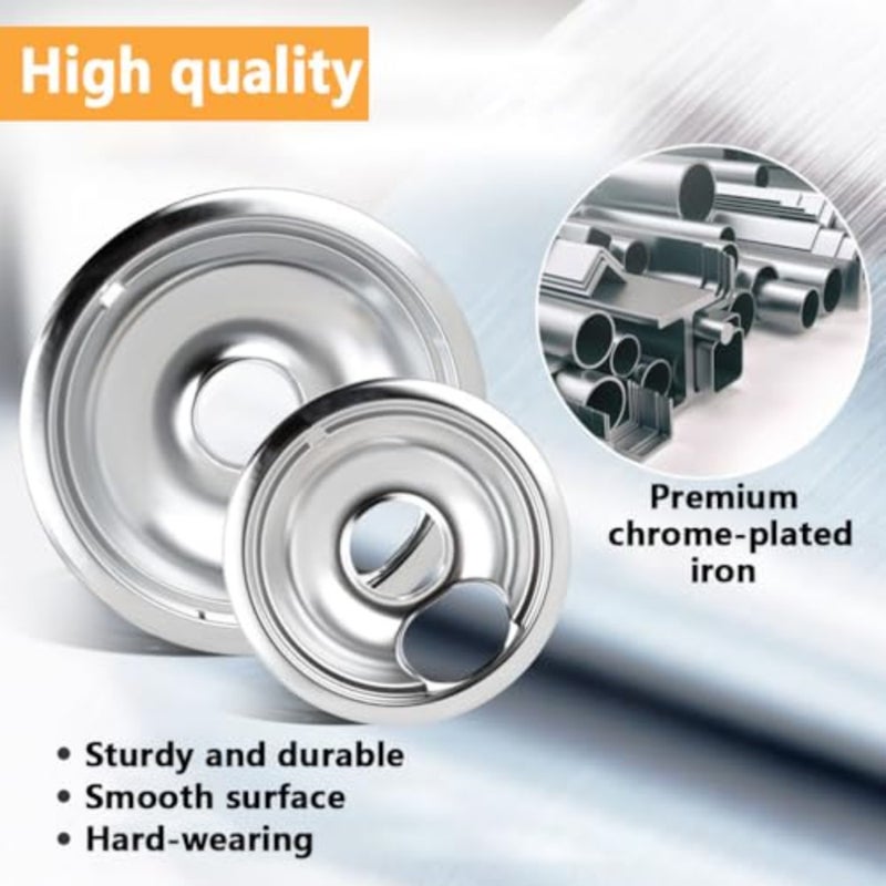Kitchen gas stove drip pans set for burner replacement, thickened chrome-plated steel, silver, heat-resistant and easy to clean, includes two 6-inch and two 8-inch pans - Image 3
