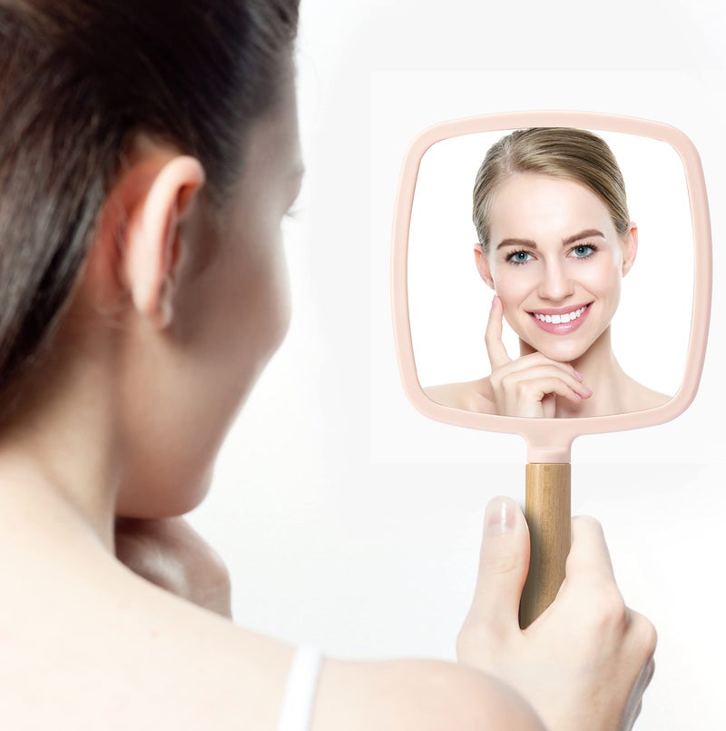 YEAKE Hand Held Mirror with Handle for Makeup,Small Cute Wood Hand Mirror for Shaving with Hole Hanging Single-Sided Portable Travel Vanity Mirror for Men&Women(Square,Pink,1Pack) - Image 4