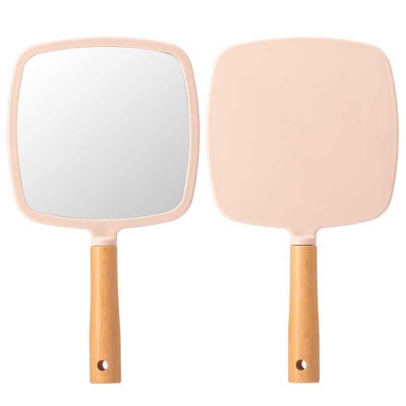 YEAKE Hand Held Mirror with Handle for Makeup,Small Cute Wood Hand Mirror for Shaving with Hole Hanging Single-Sided Portable Travel Vanity Mirror for Men&Women(Square,Pink,1Pack) - Image 1