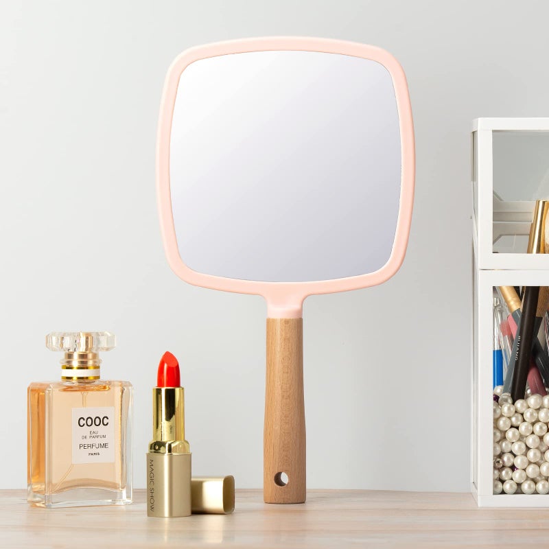 YEAKE Hand Held Mirror with Handle for Makeup,Small Cute Wood Hand Mirror for Shaving with Hole Hanging Single-Sided Portable Travel Vanity Mirror for Men&Women(Square,Pink,1Pack) - Image 5