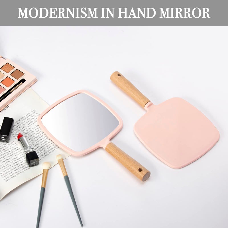 YEAKE Hand Held Mirror with Handle for Makeup,Small Cute Wood Hand Mirror for Shaving with Hole Hanging Single-Sided Portable Travel Vanity Mirror for Men&Women(Square,Pink,1Pack) - Image 2