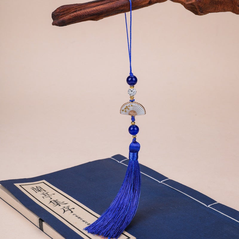 Generic Diamond Ball white fan tassel tassel Palace style cheongsam hanging tassel Han clothing accessories car hanging bag Press placket round beads hanging beard sapphire blue