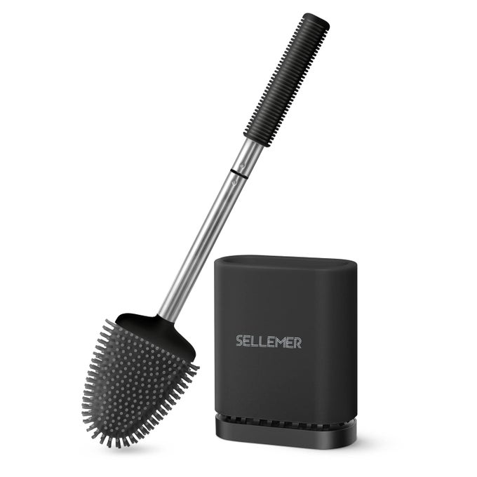 TOILET BRUSH AND HOLDER SET FLEXIBLE TOILET BOWL BRUSH HEAD WITH SILICONE BRISTLES COMPACT SIZE FOR STORAGE AND ORGANIZATION VENTILATION SLOTS BASE 1 PACK BLACK