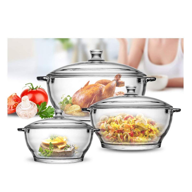 Big Cart Glass Casserole with Glass lid Oven and Microwave Safe See Direct Glass Top Set of 3Casserol Pack of 3 - Image 2