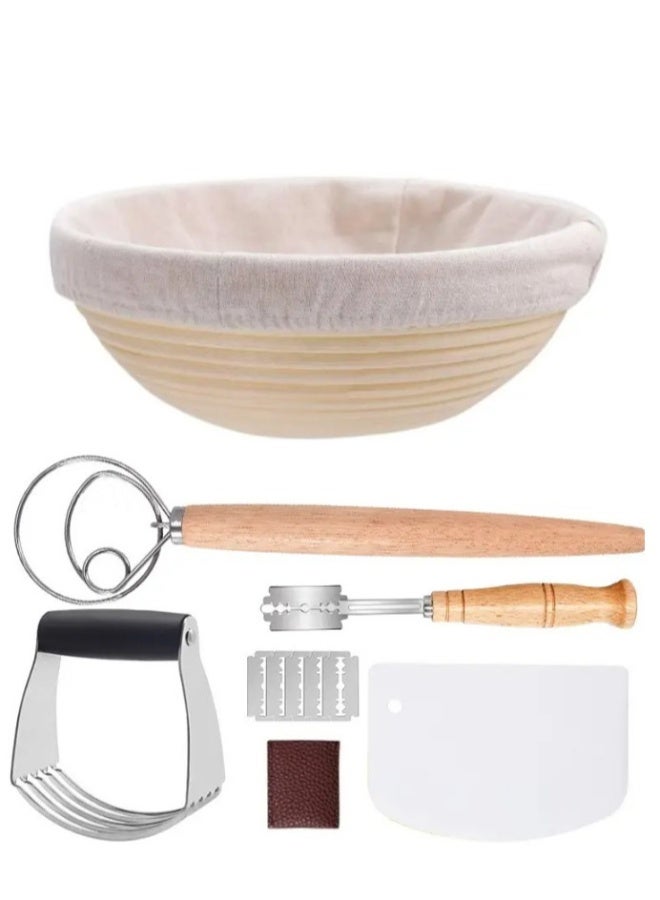 Bread baking kit baking tools 12-piece set, Bread Proofing Basket Set，dough scraper, cloth cover, cutting knife, trimming knife, short-handled double-eye mixer, natural round bread fermentation bask - Image 1