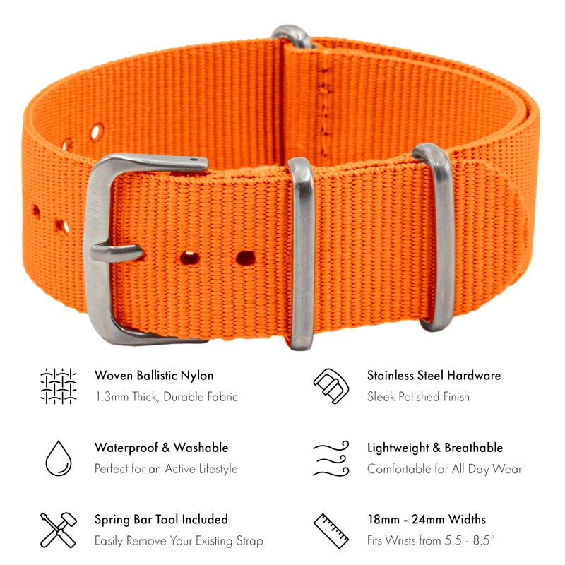 Benchmark Basics Nylon Watch Band - Waterproof Ballistic Nylon One-Piece Military Watch Straps for Men & Women (20mm, Orange) - Image 2