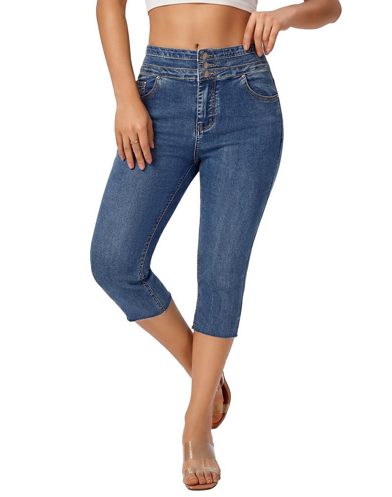 roswear Women's Capri Jeans Stretchy with Frayed Hem Skinny Tummy Control Pants Washed Blue X-Large - Image 1