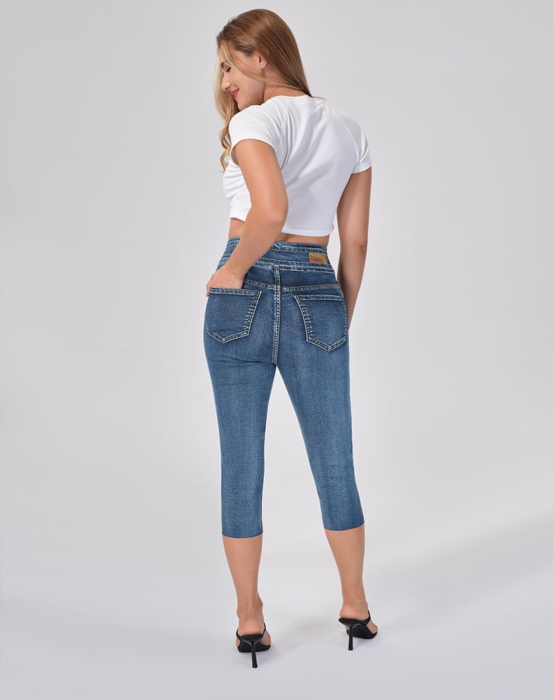 roswear Women's Capri Jeans Stretchy with Frayed Hem Skinny Tummy Control Pants Washed Blue X-Large - Image 3