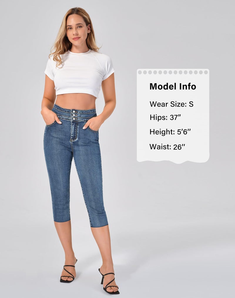 roswear Women's Capri Jeans Stretchy with Frayed Hem Skinny Tummy Control Pants Washed Blue X-Large - Image 4