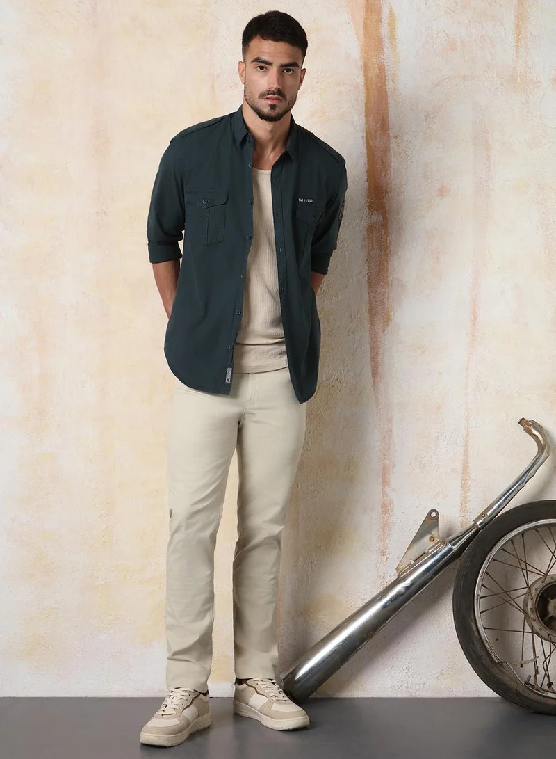 هاي ستار قميص رجالي قطن كاجوال بياقة عريضة وغسيل ثقيل