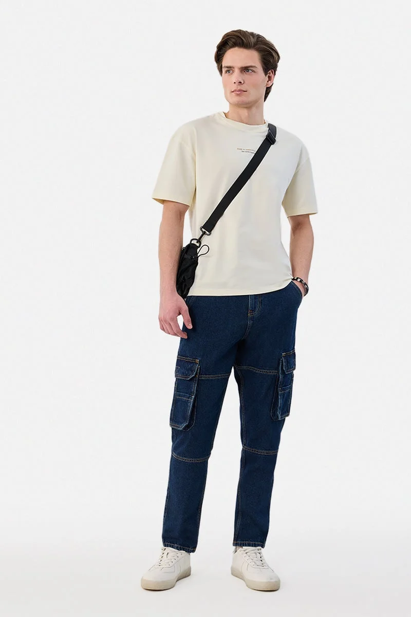 سنيتش Cream Printed Half Sleeve Oversized T-Shirt