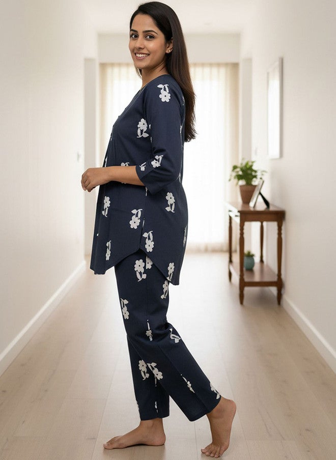 Zeyo Floral Printed Three-Quarter Sleeves Pure Cotton Kurti With Pyjama - Image 3