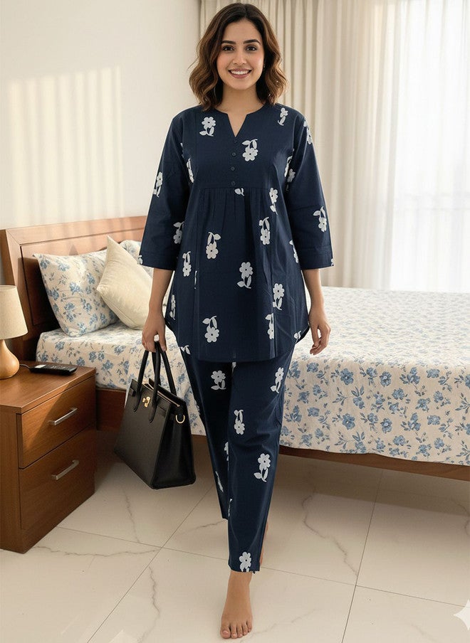 Zeyo Floral Printed Three-Quarter Sleeves Pure Cotton Kurti With Pyjama - Image 4