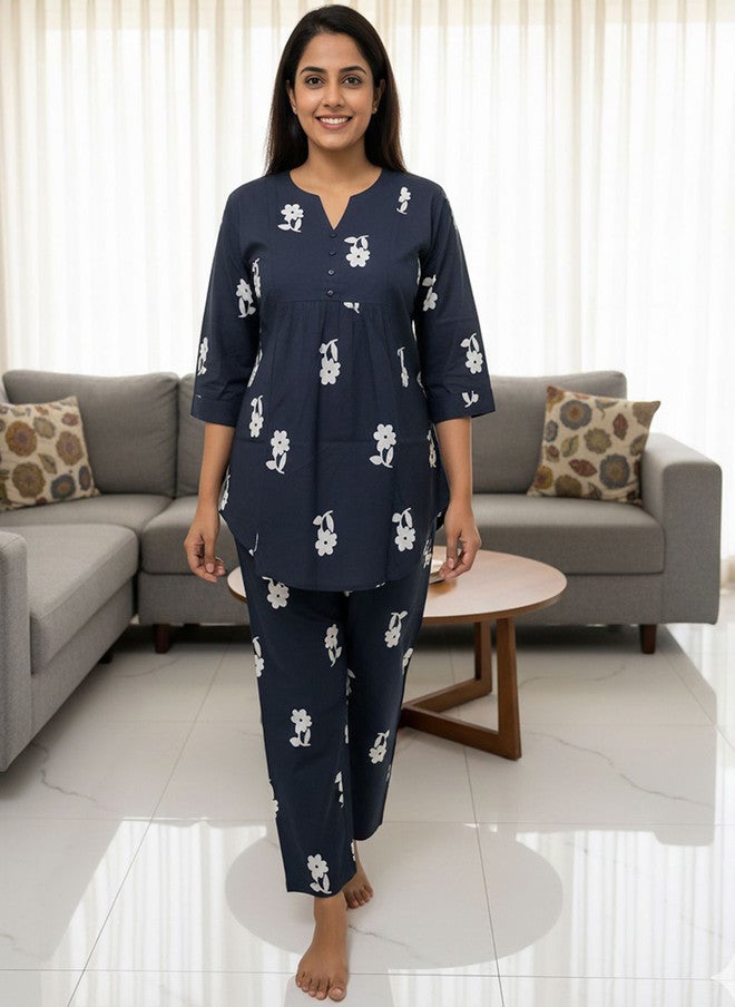 Zeyo Floral Printed Three-Quarter Sleeves Pure Cotton Kurti With Pyjama - Image 1