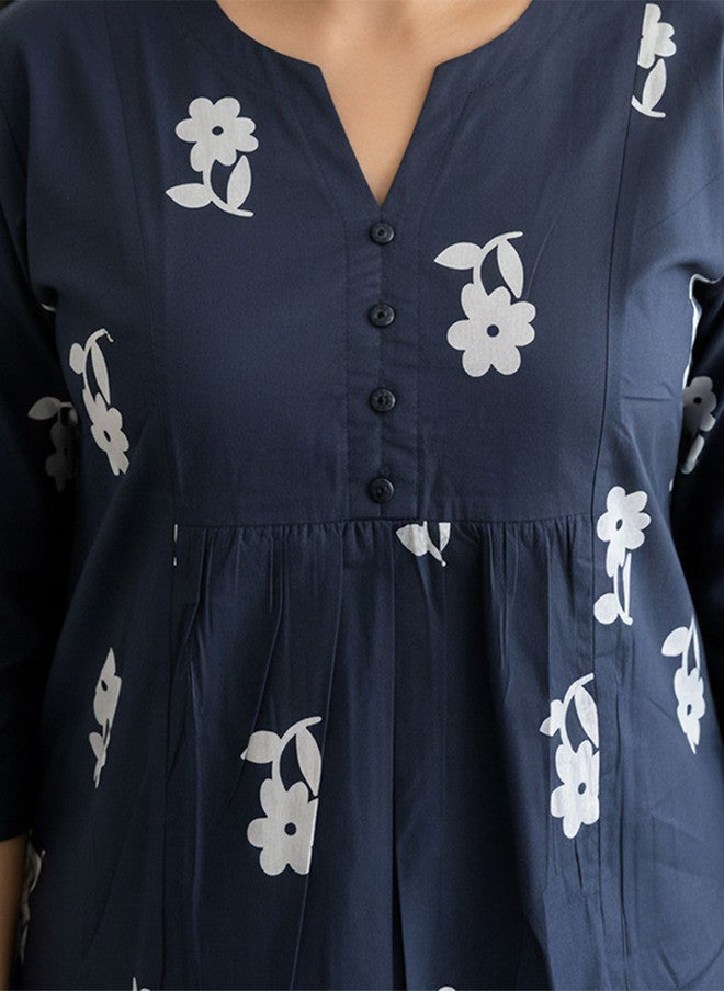 Zeyo Floral Printed Three-Quarter Sleeves Pure Cotton Kurti With Pyjama - Image 2