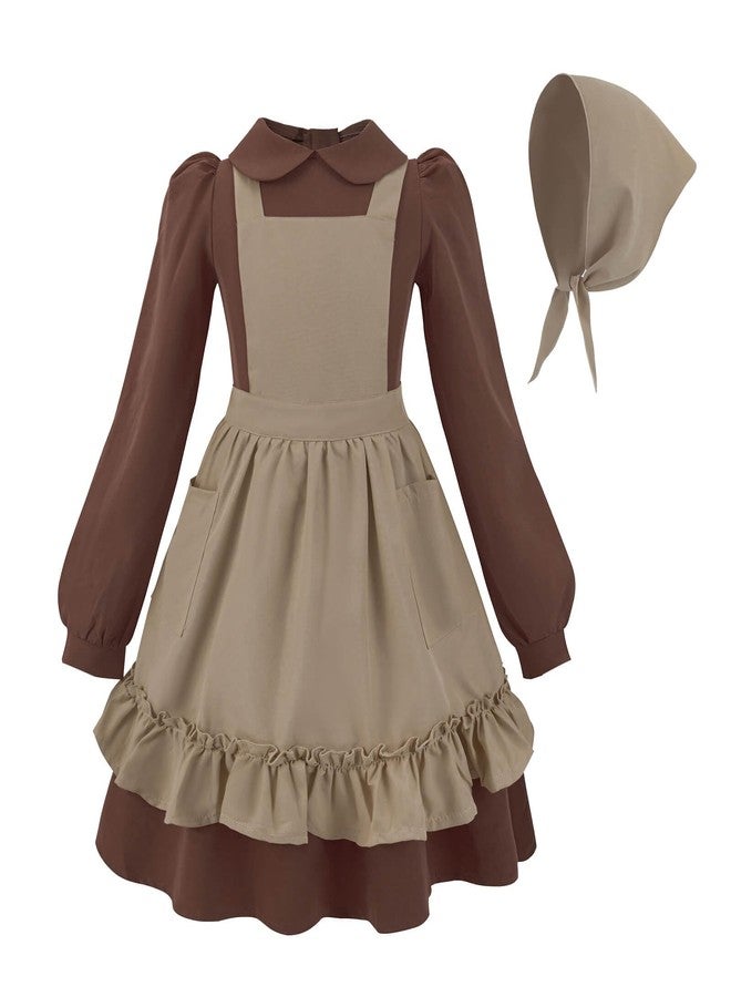 Nuoqi Prairie Dress Girls Pioneer Colonial Costume Long Sleeve 1800s Victorian Dress with Apron12-14, Brown - Image 1
