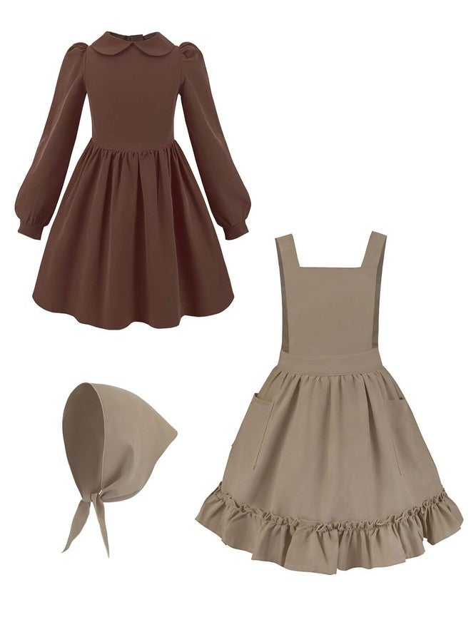 Nuoqi Prairie Dress Girls Pioneer Colonial Costume Long Sleeve 1800s Victorian Dress with Apron12-14, Brown - Image 4