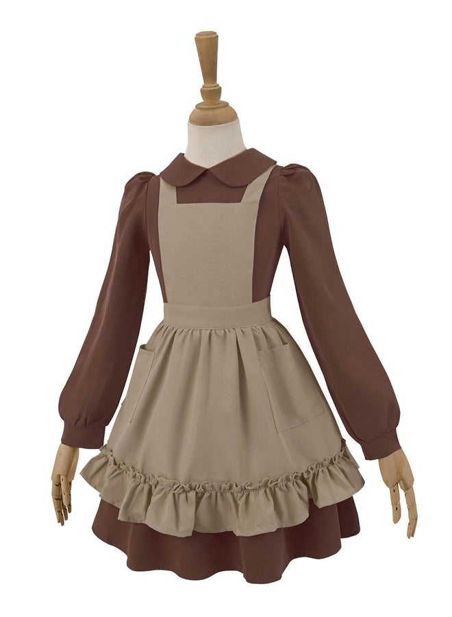 Nuoqi Prairie Dress Girls Pioneer Colonial Costume Long Sleeve 1800s Victorian Dress with Apron12-14, Brown - Image 2