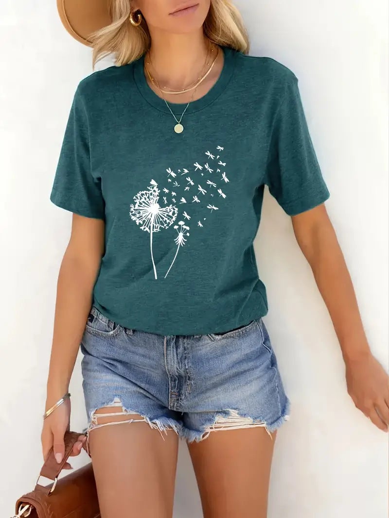2024 Summer And Autumn Selling Women'S Round Neck T-Shirt 3D Dandelion Pattern Digital Printing Women'S Clothing Short Sleeve - Image 1