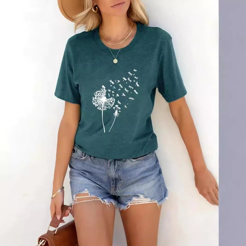 2024 Summer And Autumn Selling Women'S Round Neck T-Shirt 3D Dandelion Pattern Digital Printing Women'S Clothing Short Sleeve - Image 3