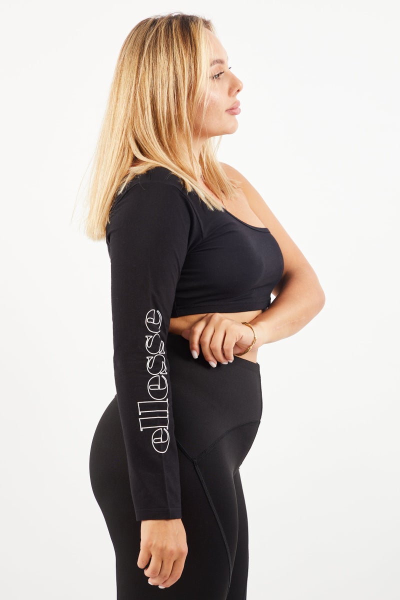 Ellesse Women Asymmetric Neckline One Shoulder Brand Logo Crop Top, Black - Image 3