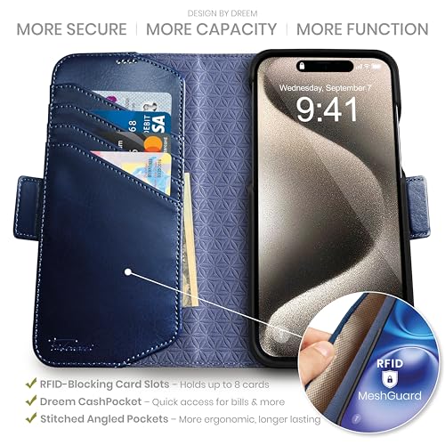 Dreem Wallet Case for iPhone 15 Pro Max Revolutionary VertHor Phone Stand Magnetic Detachable Vegan Leather Flip Cover RFID Blocking Card Holder MagSafeFit Gift Box Fibonacci Royal - Image 3