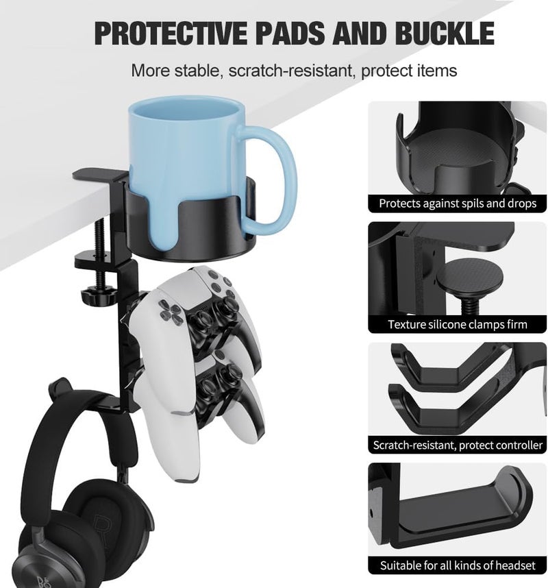 Lolyer 360° Rotating Desk Controller Headphone Holder - Larger Cup Holder with Adjustable Headset Hanger Controller Stand | Clamp On Desk Organizer | Gaming Accessories - Image 3