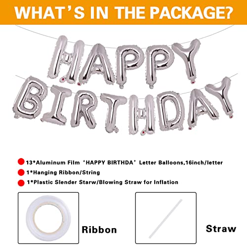Accevo Silver Happy Birthday Balloon 16 Inch Mylar Foil Letters Balloons Happy Birthday Banner for Kids Child Adults Boys Girls Happy Birthday Sign Birthday Party Decorations Supplies - Image 5