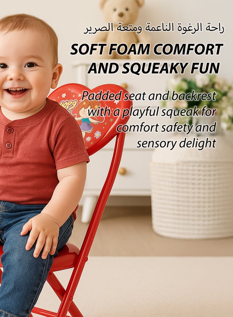 توشيونيكس كرسي أطفال قابل للطي مع مقعد إسفنجي بوسادة صرير - كرسي محمول وخفيف الوزن للأطفال الصغار، كرسي أنشطة صغير سهل الطي للأطفال، معدات سفر، أثاث الحضانة وغرفة اللعب، كرسي ألعاب للأطفال يصدر صريرًا للاستخدام الداخلي والخارجي - متوفر بألوان وتصميمات مختلفة، كرسي صوتي للأعمار من 1 و2 و3 و4 و5 سنوات - Image 3