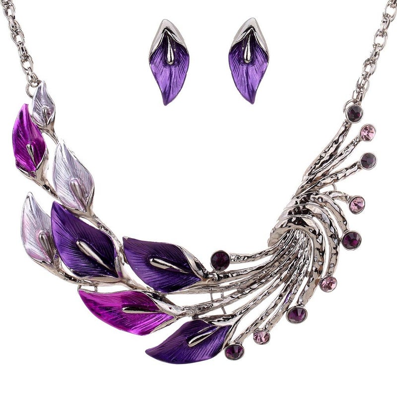 YAZILIND Ethnic Style Purple Peacock Chunky Bib Earrings Necklace Set Wedding Party - Image 1