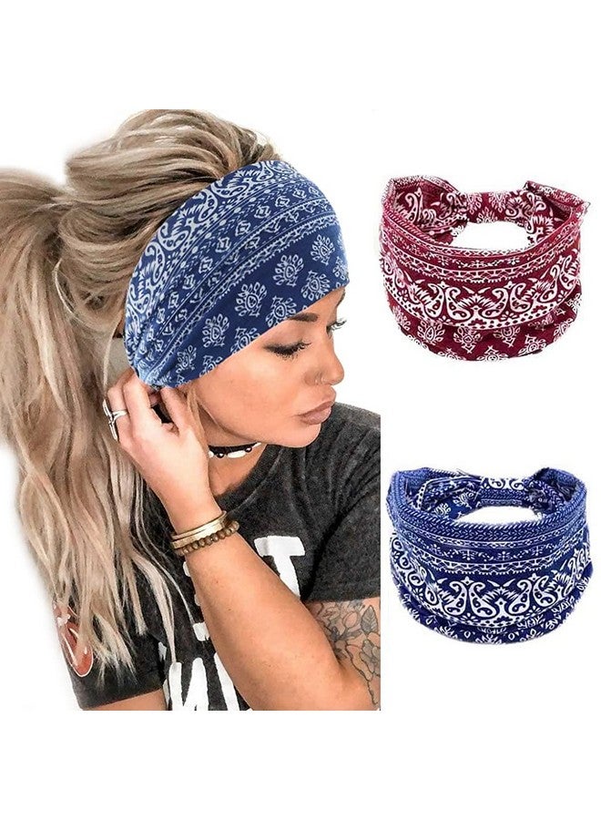 Proberos بروبيروس¬Æ 2 قطع أربطة رأس رياضية بوهيمية للنساء والرجال، أربطة شعر عريضة مرنة أنيقة لليوغا، شريط عرق للتمرين، الجري، التنس، الريشة، الماراثونات، ركوب الدراجات، أسود+أحمر+أزرق - Image 1