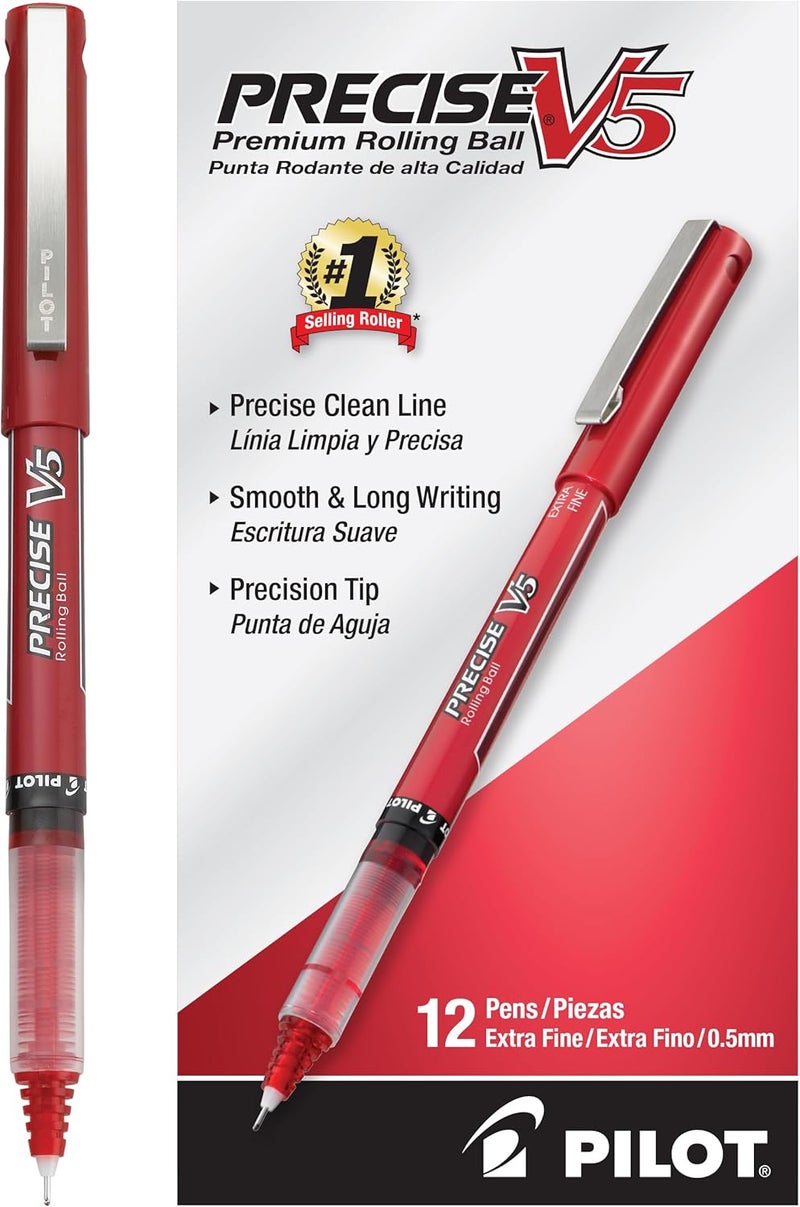 PILOT , Precise V5, Capped Liquid Ink Rolling Ball Pens, Extra Fine Point 0.5 mm, Red, Pack of 12 - Image 1