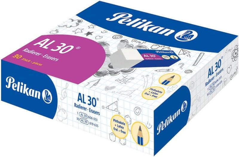 Pelikan AL 30 White Erasers for Graphite Pencils, Technical & Artistic Design, Pack of 30 (43x17x12mm) - Image 1