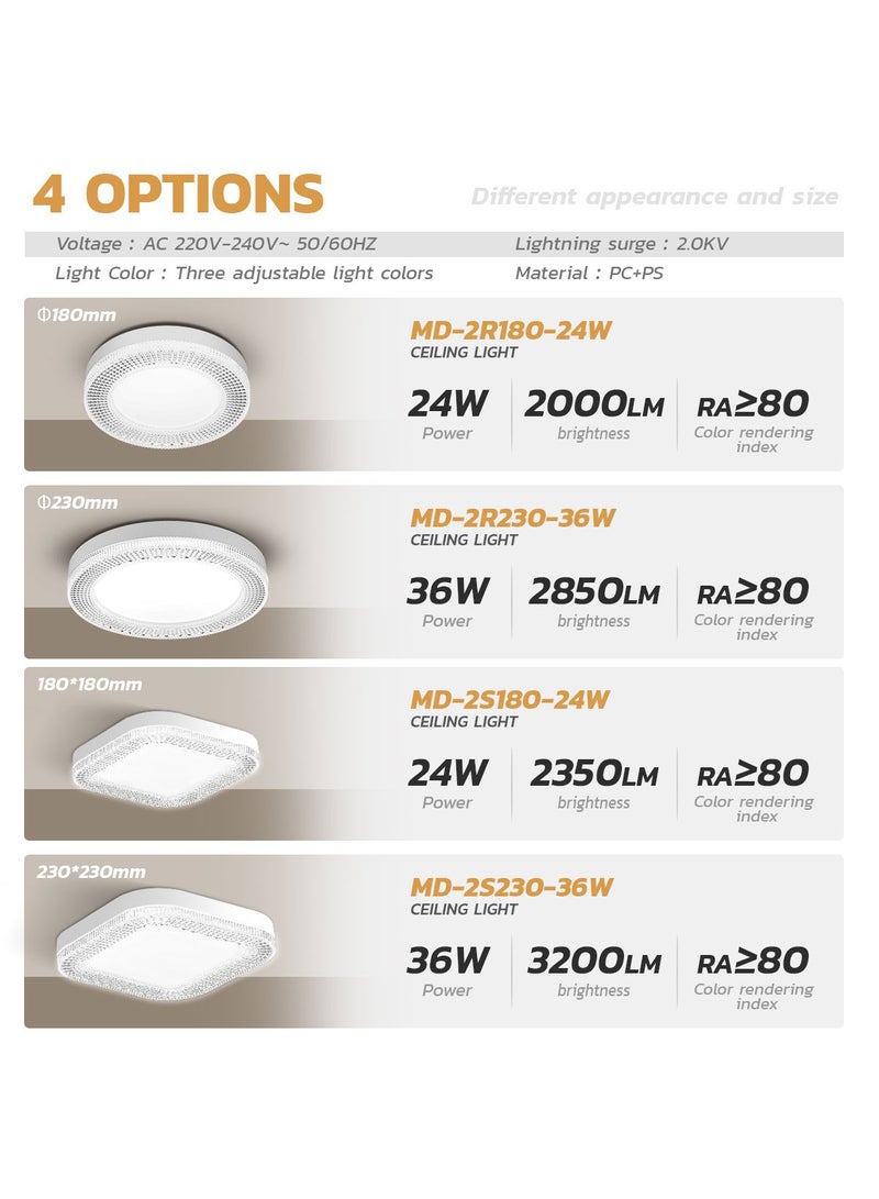 MODI LED Small Panel Light 24W, 18CM, 3-Color Changing, Square Shape – Crystal Flush Mount Fixture 2350LM – Modern Ceiling Lamp for Living Room, Bedroom, Hallway - Image 5