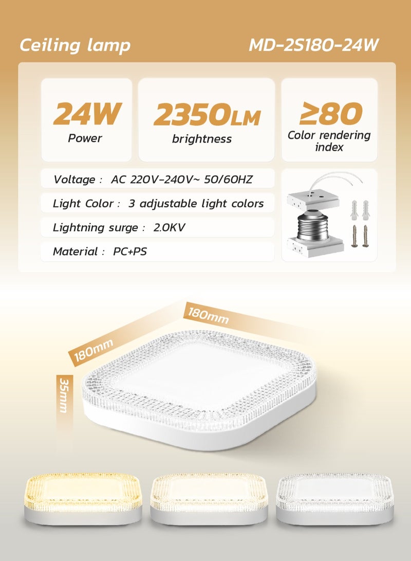 MODI LED Small Panel Light 24W, 18CM, 3-Color Changing, Square Shape – Crystal Flush Mount Fixture 2350LM – Modern Ceiling Lamp for Living Room, Bedroom, Hallway - Image 4