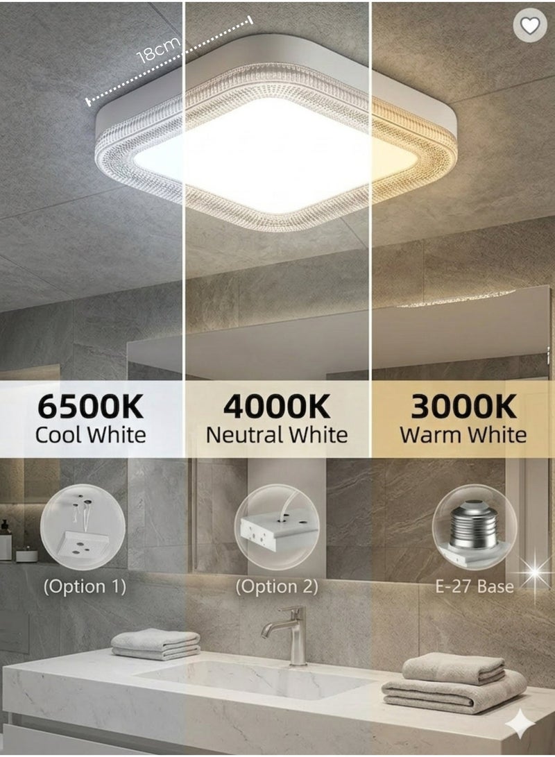 MODI LED Small Panel Light 24W, 18CM, 3-Color Changing, Square Shape – Crystal Flush Mount Fixture 2350LM – Modern Ceiling Lamp for Living Room, Bedroom, Hallway - Image 1