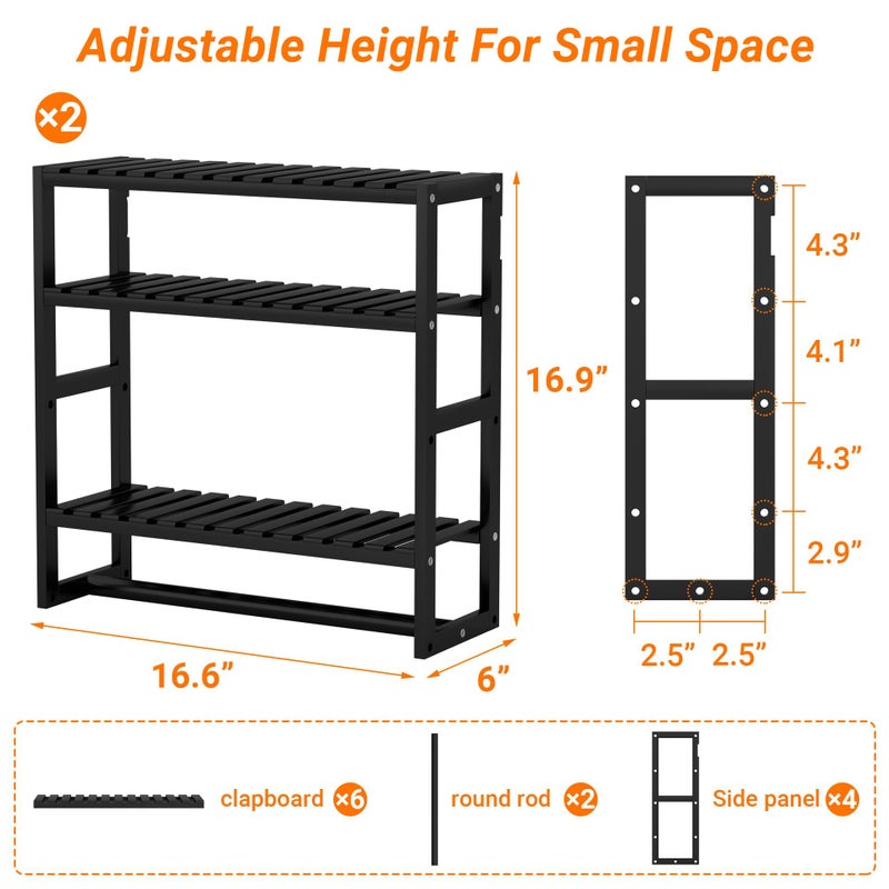 PPN Towel Rack Bathroom Storage Shelves Over The Toilet with Towel Bar 100% Bamboo Adjustable Height Floating Shelf Wall Shower Shelf for Small Space Bathroom Kitchen Multi Usage (Black-2Pack) - Image 2