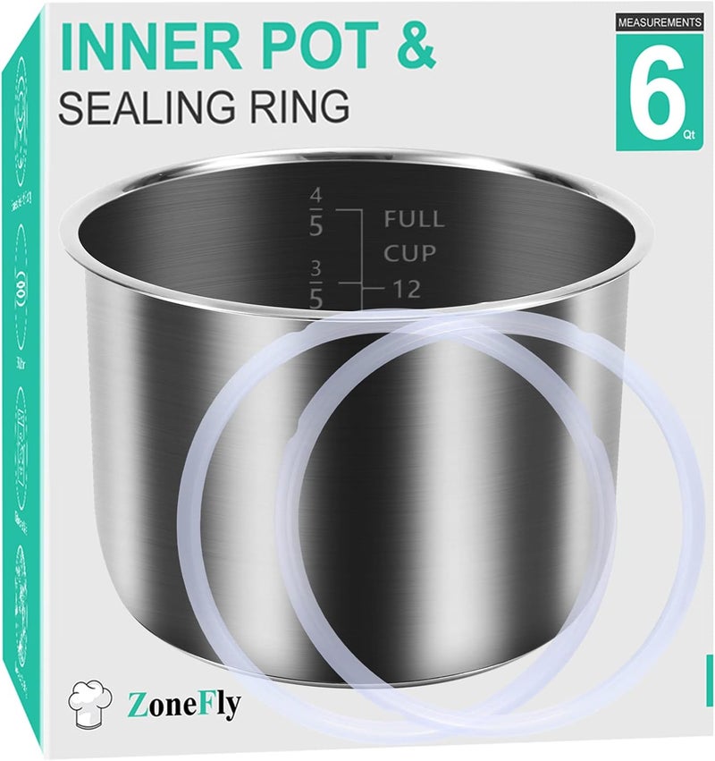 ZoneFly Inner Pot for Instant Pot 6 Qt, with 2-Pack 100% Silicone Sealing Ring Replacement Pot for InstaPot Cooking Pot Stainless Steel (Equivalent to IP-POT-SS304-60) Nonstick Pot 6Qt Liner - Image 1