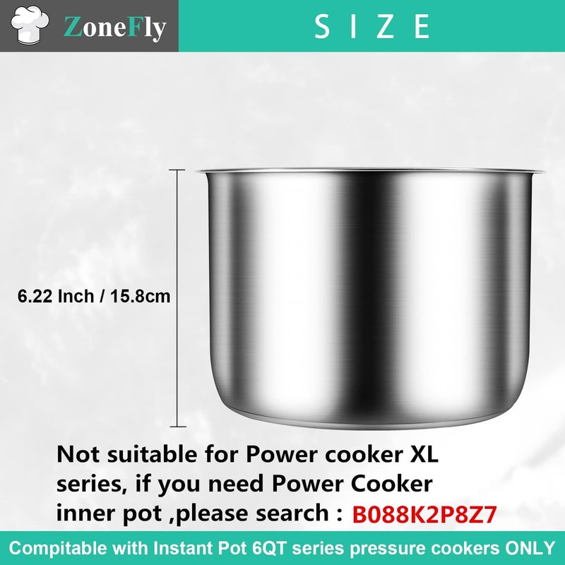 ZoneFly Inner Pot for Instant Pot 6 Qt, with 2-Pack 100% Silicone Sealing Ring Replacement Pot for InstaPot Cooking Pot Stainless Steel (Equivalent to IP-POT-SS304-60) Nonstick Pot 6Qt Liner - Image 4