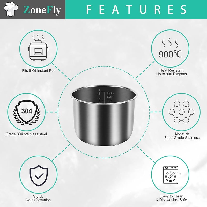 ZoneFly Inner Pot for Instant Pot 6 Qt, with 2-Pack 100% Silicone Sealing Ring Replacement Pot for InstaPot Cooking Pot Stainless Steel (Equivalent to IP-POT-SS304-60) Nonstick Pot 6Qt Liner - Image 2