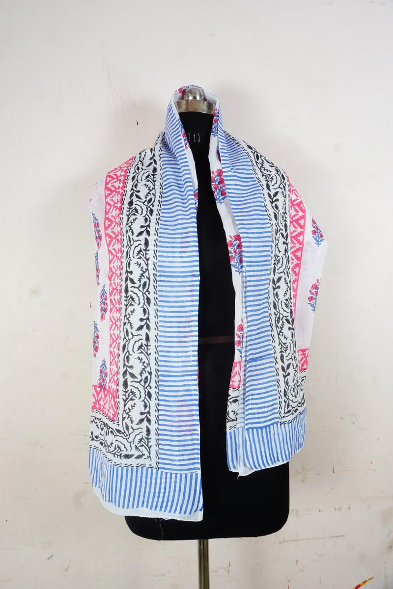 Hand block floral print cotton scarf beach sarongs soft voile summer pario (pink&blue, 44x74) - Image 2