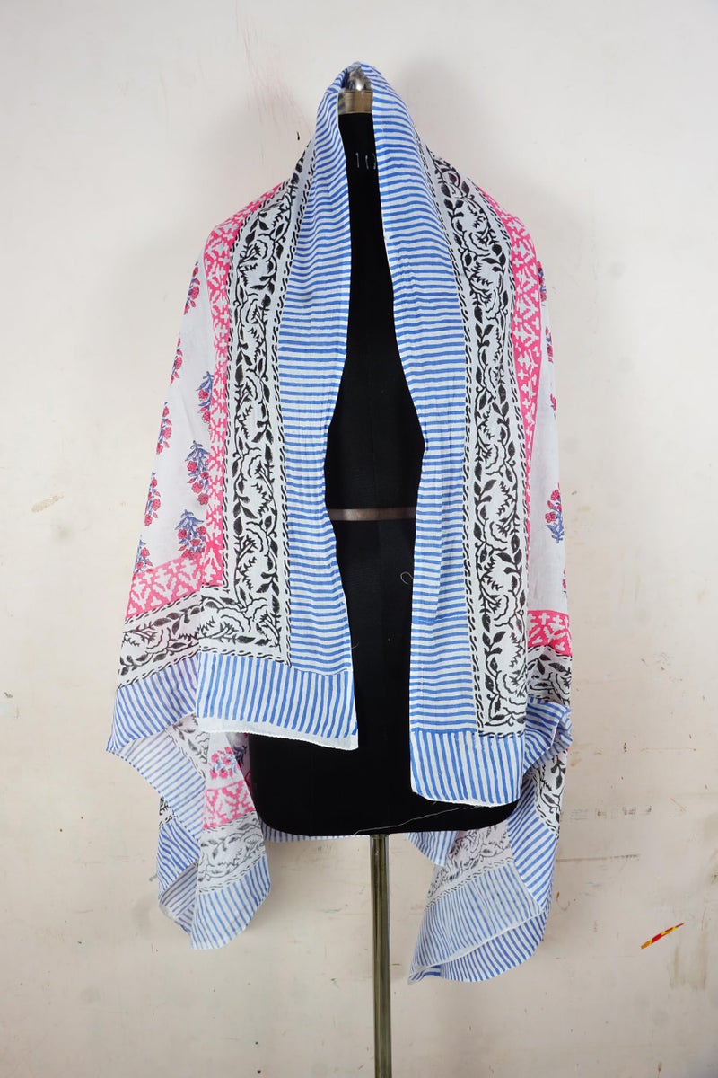 Hand block floral print cotton scarf beach sarongs soft voile summer pario (pink&blue, 44x74) - Image 5