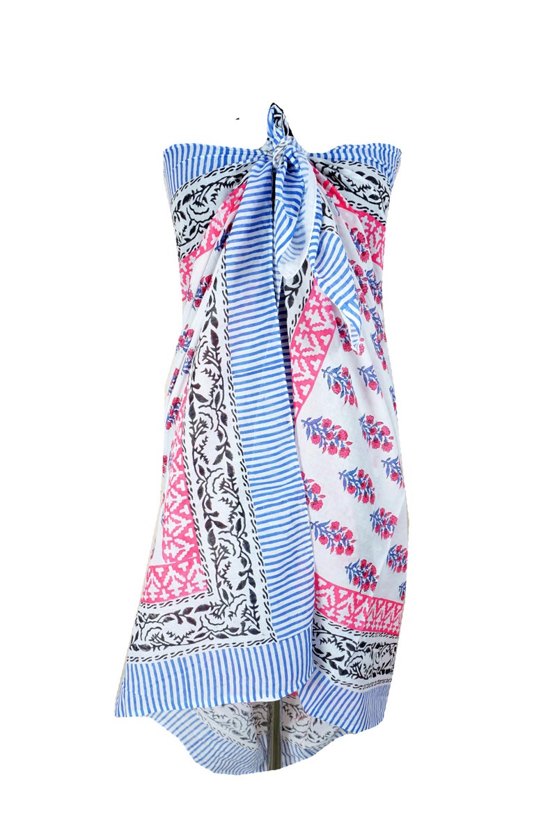 Hand block floral print cotton scarf beach sarongs soft voile summer pario (pink&blue, 44x74) - Image 1
