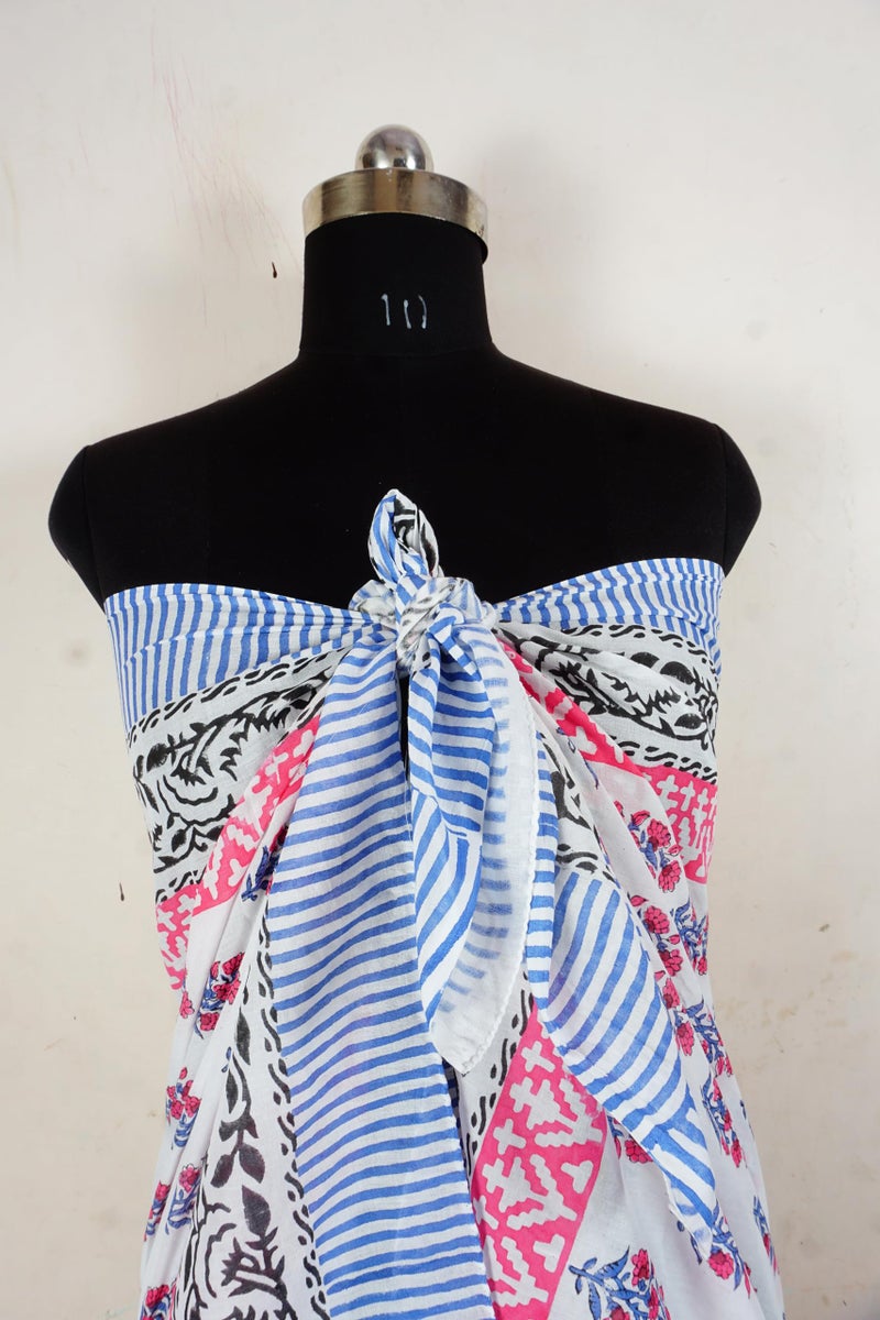 Hand block floral print cotton scarf beach sarongs soft voile summer pario (pink&blue, 44x74) - Image 4
