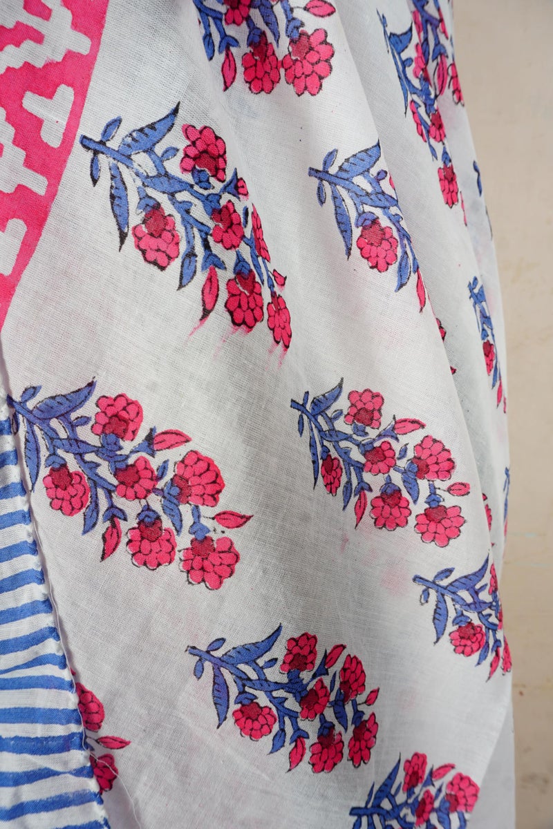 Hand block floral print cotton scarf beach sarongs soft voile summer pario (pink&blue, 44x74) - Image 3